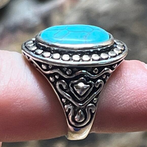 Bohemian Silver Tone & Faux Turquoise Statement Ring Western Ethnic... - Picture 1 of 8